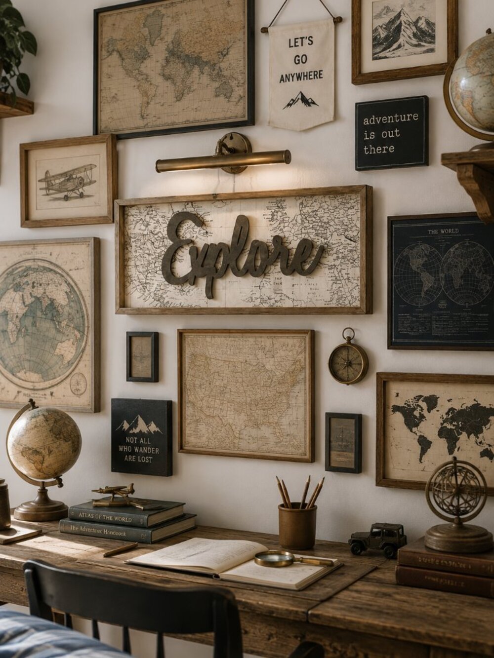 Vintage Framed "Explore" Artwork Wit Map Background Dark 3D Scripted Lettering - Picture 2 of 8